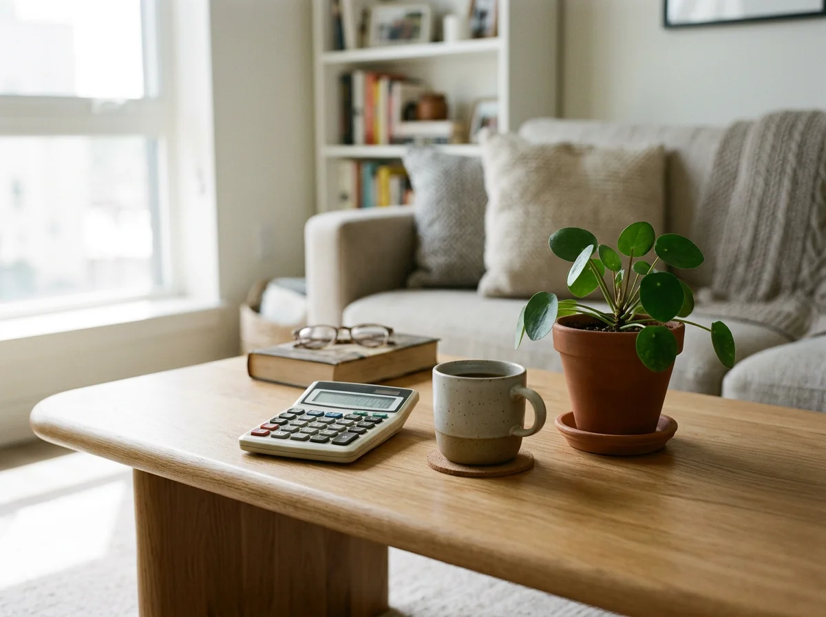 Living room with a wooden coffee table holding a calculator, a mug, a book, and glasses. In the background, there's a beige sofa with pillows and a white bookshelf.