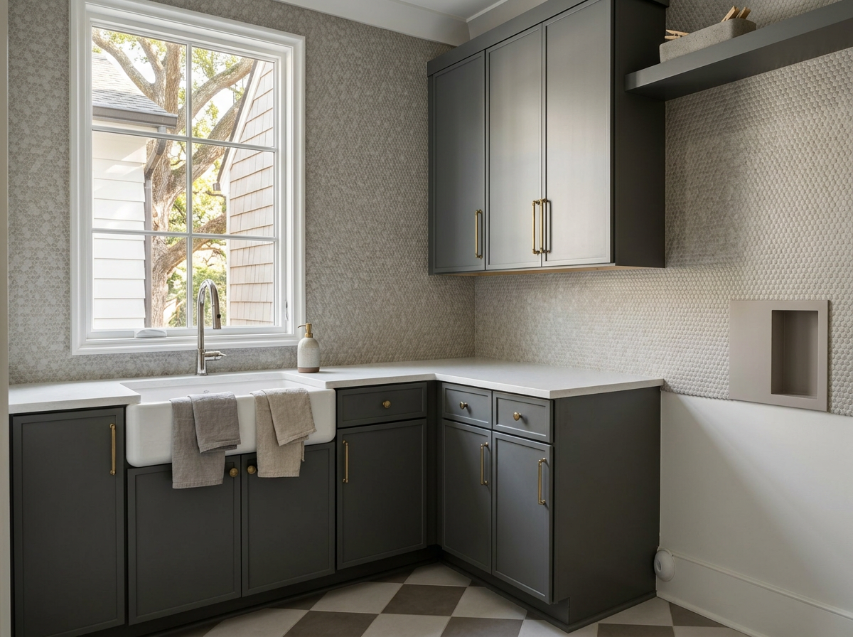 Kitchen with gray cabinets, white farmhouse sink, white countertops, window with a tree outside, patterned wallpaper, and a small raised shelf on the right side.