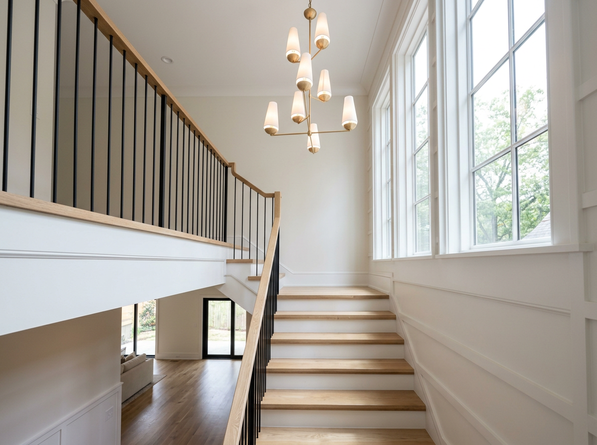 Bright interior staircase landing in a modern house with large windows, white walls, wooden stairs, black metal balusters, and a contemporary chandelier.
