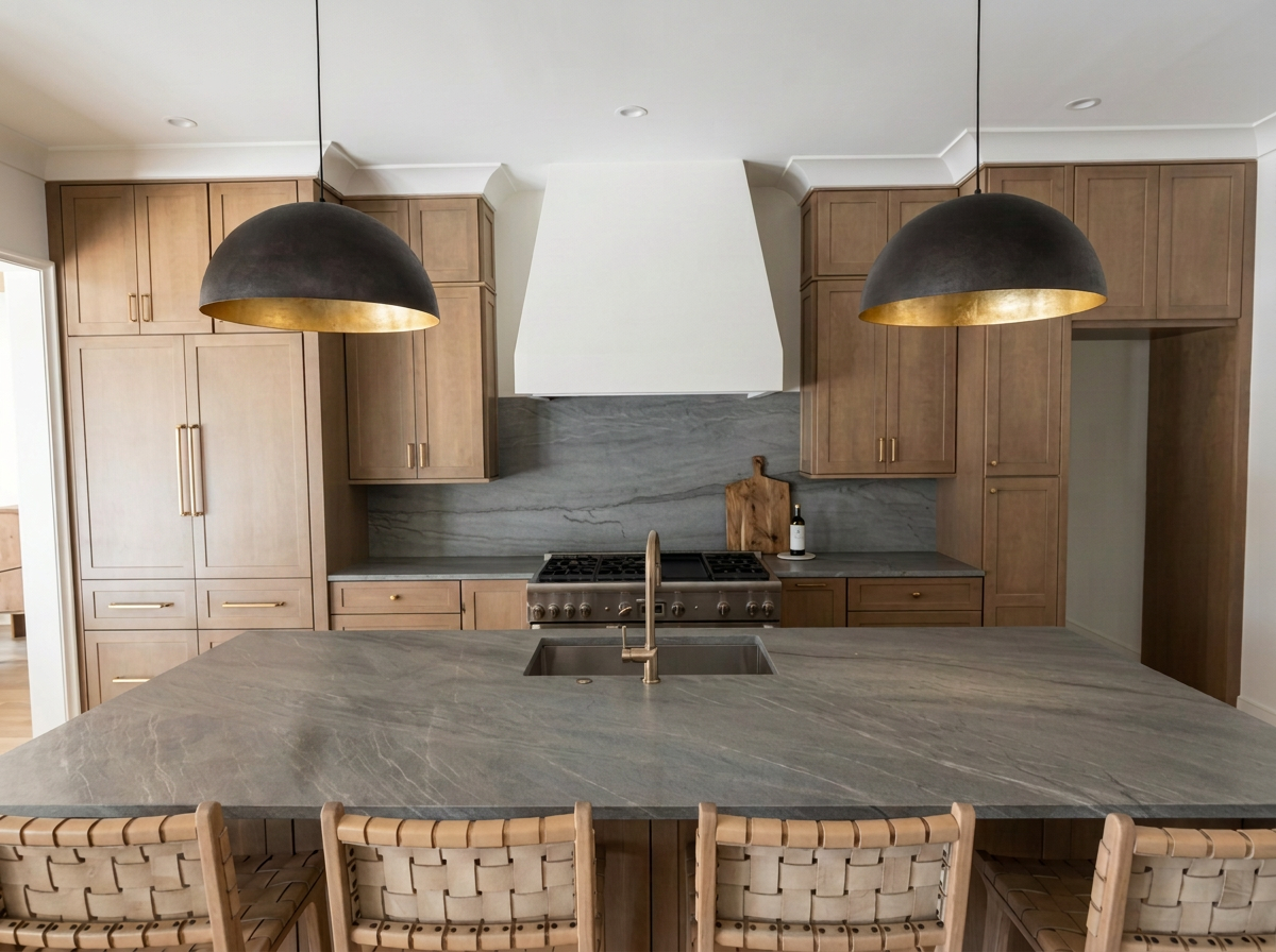 Modern kitchen with wooden cabinets, marble countertops, a stove, a white range hood, two black pendant lights with gold interior, and a kitchen island with bar stools.