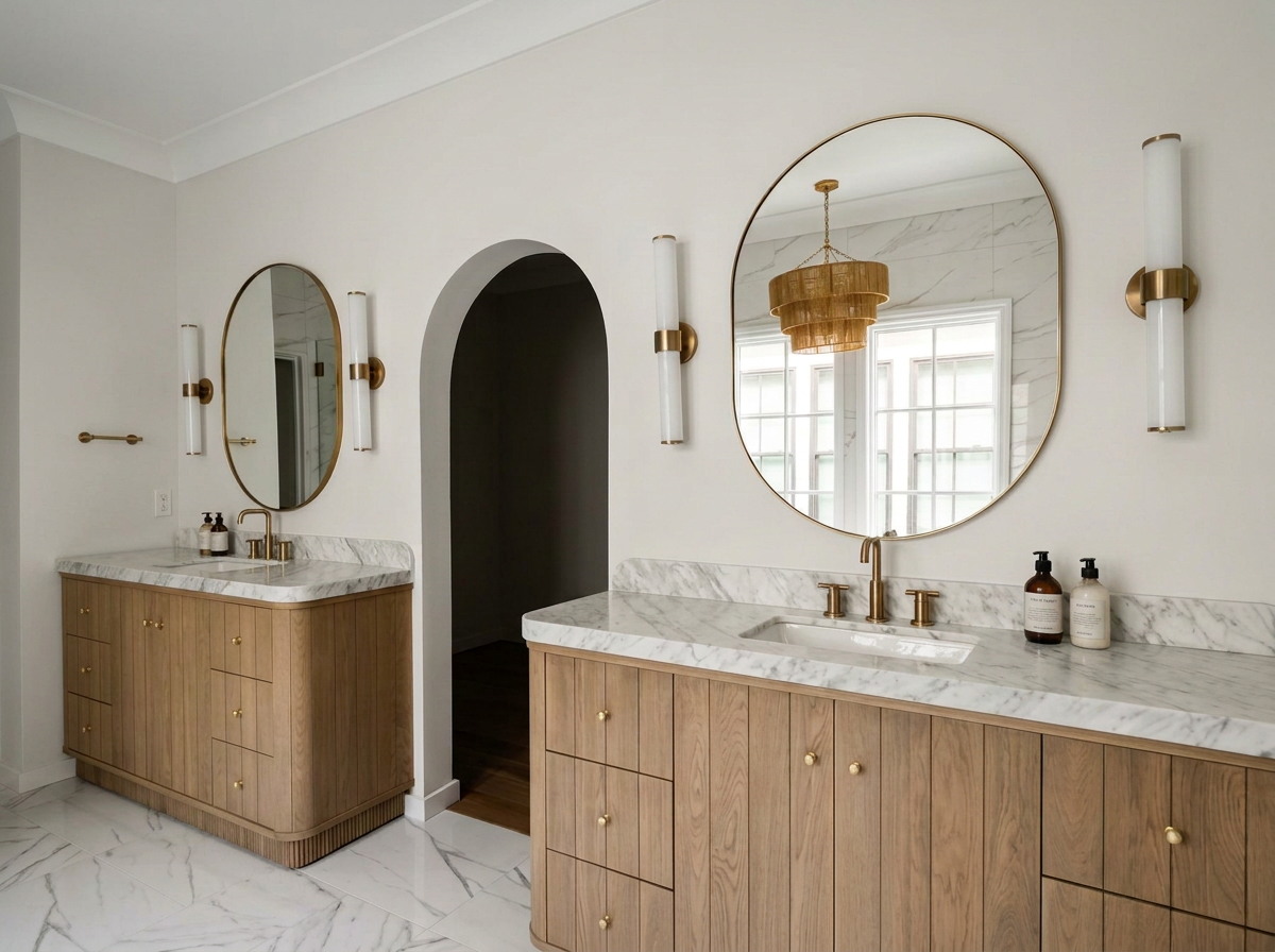 Bathroom with two wooden vanities featuring marble countertops, each with oval mirrors, gold fixtures, and wall-mounted lights, alongside a window reflecting a chandelier.