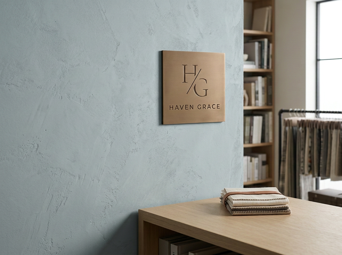 Interior of a store or office space with a textured light blue wall, a wooden sign with initials 'H/G' and the words 'Haven Grace,' a wooden table with fabric samples, and a bookshelf filled with books and fabric swatches in the background.
