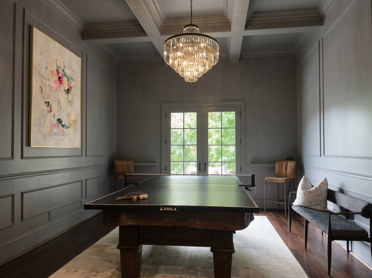 Elegant game room with a ping pong table, chandelier, artwork, and seating area by the window.