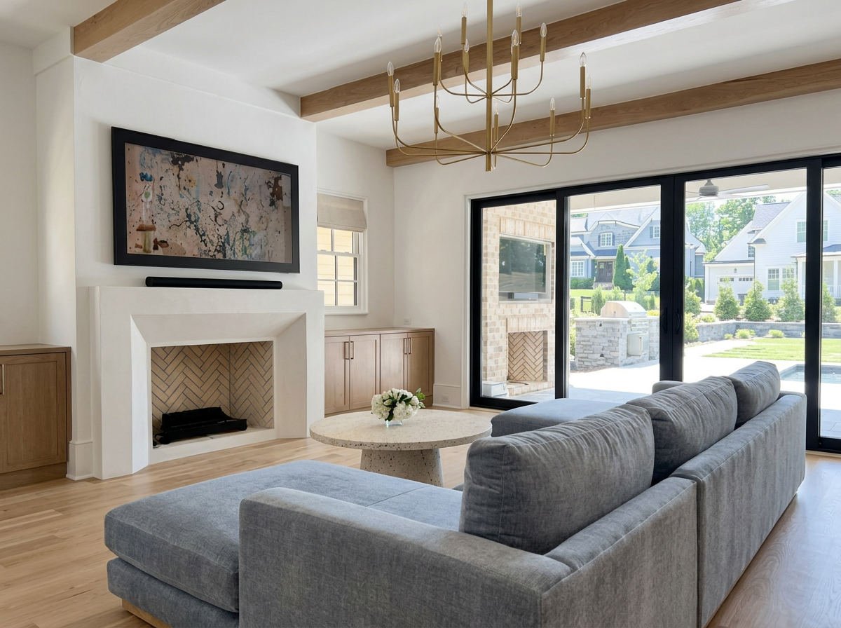 Modern living room with gray sectional sofa, round coffee table with flowers, fireplace, wall-mounted TV, large sliding glass doors, and outdoor patio with greenery.