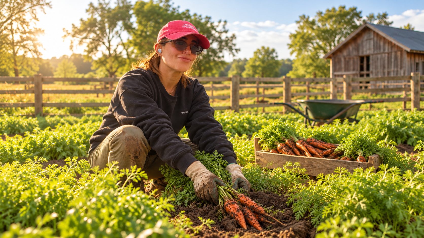 A woman harvesting carrots in a garden on a sunny day, with a wooden shed and greenery in the background.