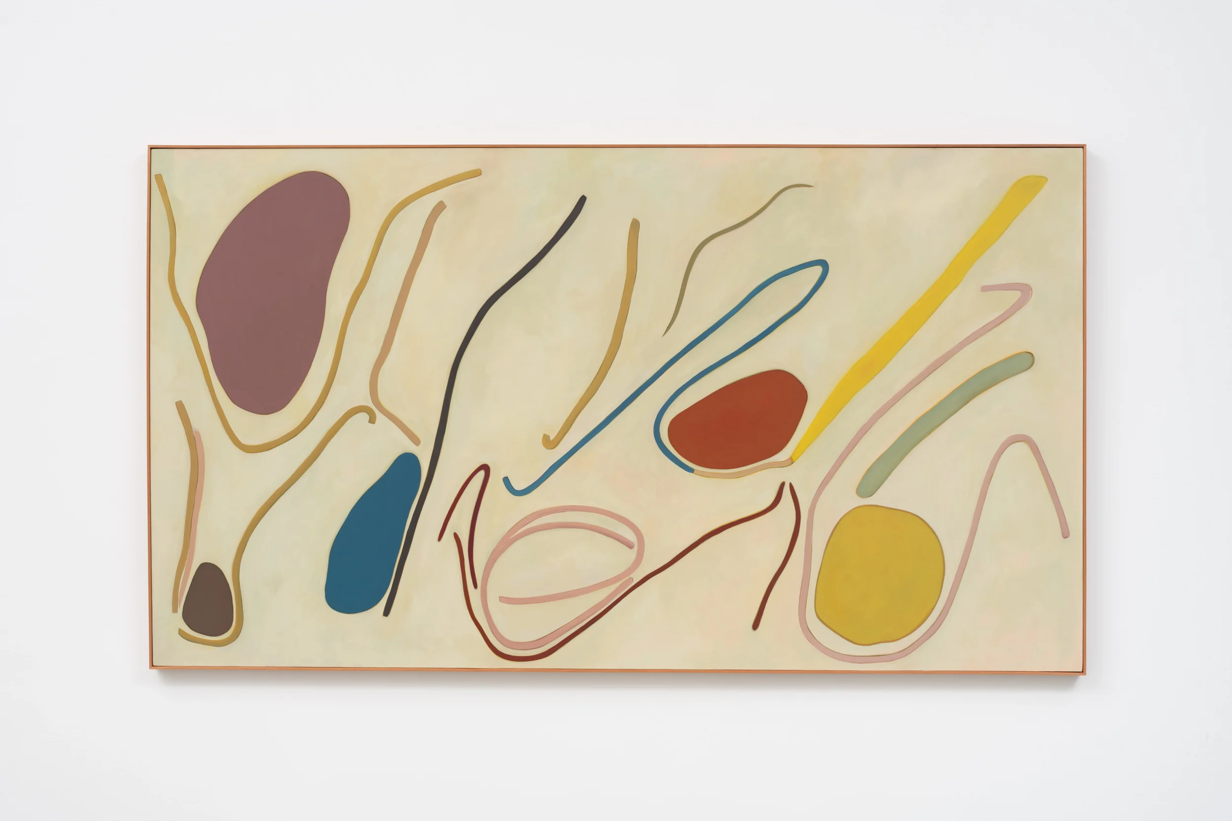 Une œuvre d'art abstraite avec des lignes courbes colorées sur un fond beige.