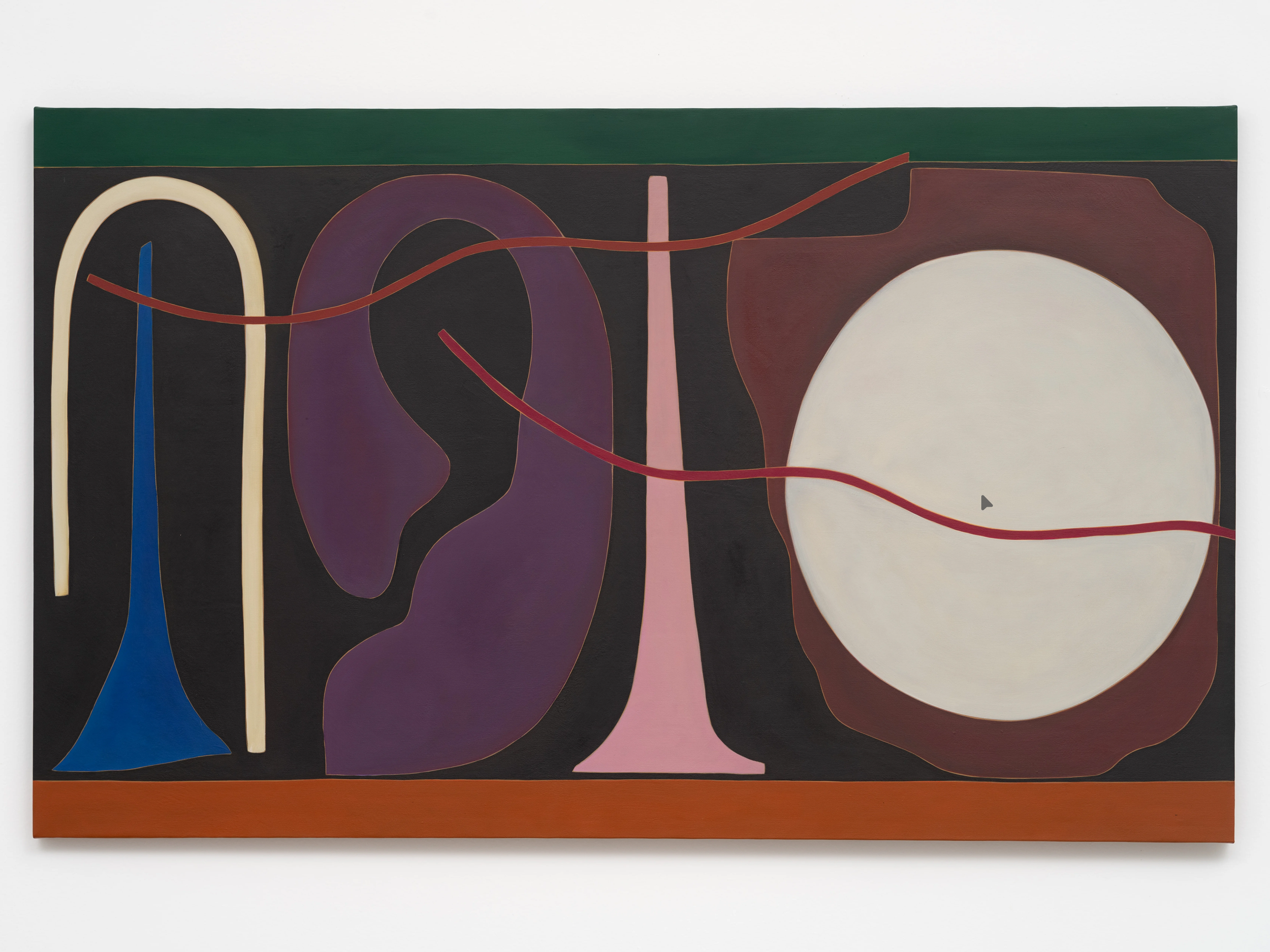 Peinture abstraite avec formes colorées et lignes courbes sur fond noir et blanc.