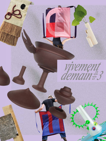 Composition artistique avec des objets suspendus ou décomposés, y compris des chaussures, un sac coloré, une plante, une bouteille, et un tapis, avec un texte écrit en cursive "vivement demain #3".