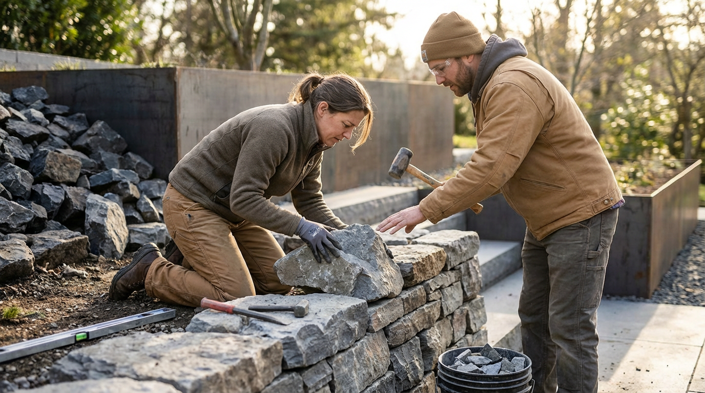 Two people building a stone wall outdoors during daylight, using large rocks and tools.