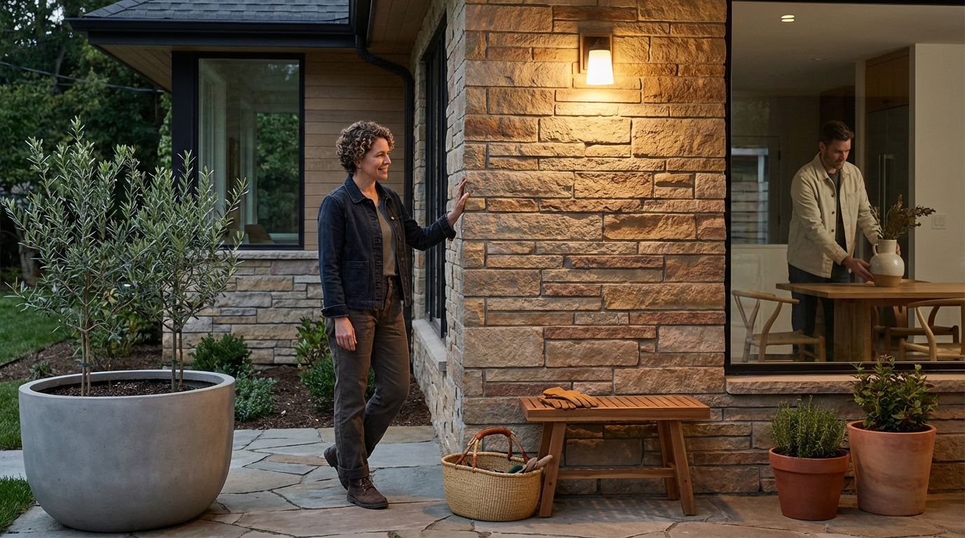 A woman standing outside a modern house, waving at a man who is arranging a flower vase inside through a window. The exterior has stone and wood siding, with potted plants and a wooden bench nearby.