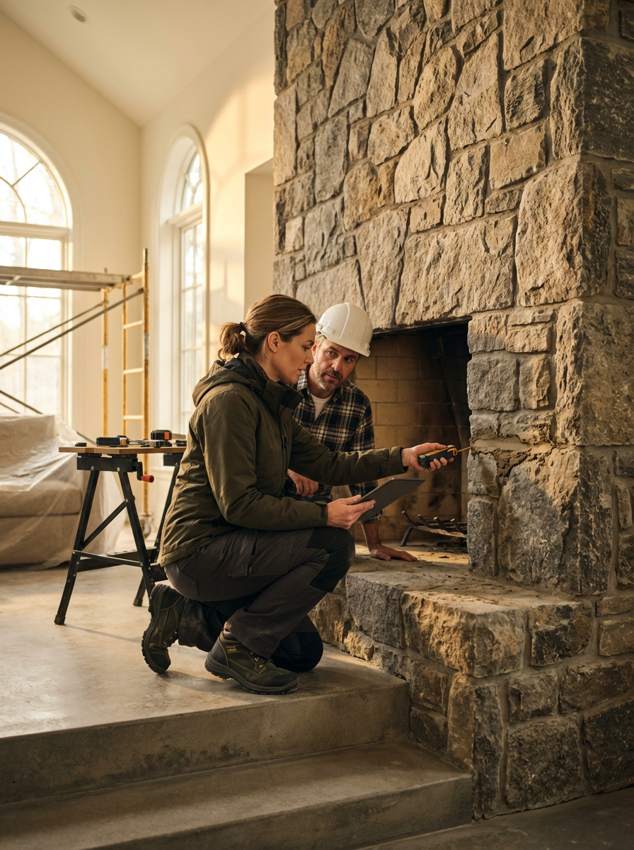 A woman and a man are inspecting a stone fireplace inside a building. The woman is kneeling, holding a tablet, and the man is wearing a white hard hat leaning in to look at the fireplace, which is under construction or repair.