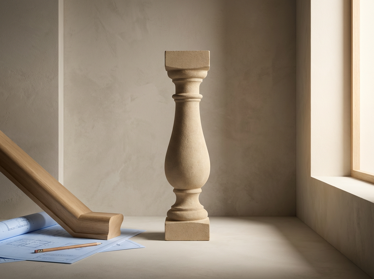 A beige designer baluster column standing on a marble surface, with architectural blueprints and a wooden molding piece nearby, set against a light-colored wall and a window letting in natural light.