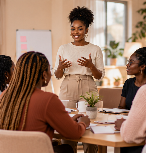 Une femme souriante se tient debout en train de parler à un groupe de femmes assises autour d'une table lors d'une réunion.