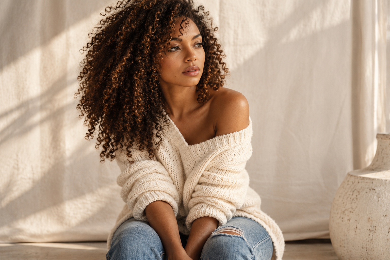 Jeune femme avec cheveux frisottés, portant un pull en laine beige et un jean déchiré, assise à côté d'un mur beige avec une lumière douce.