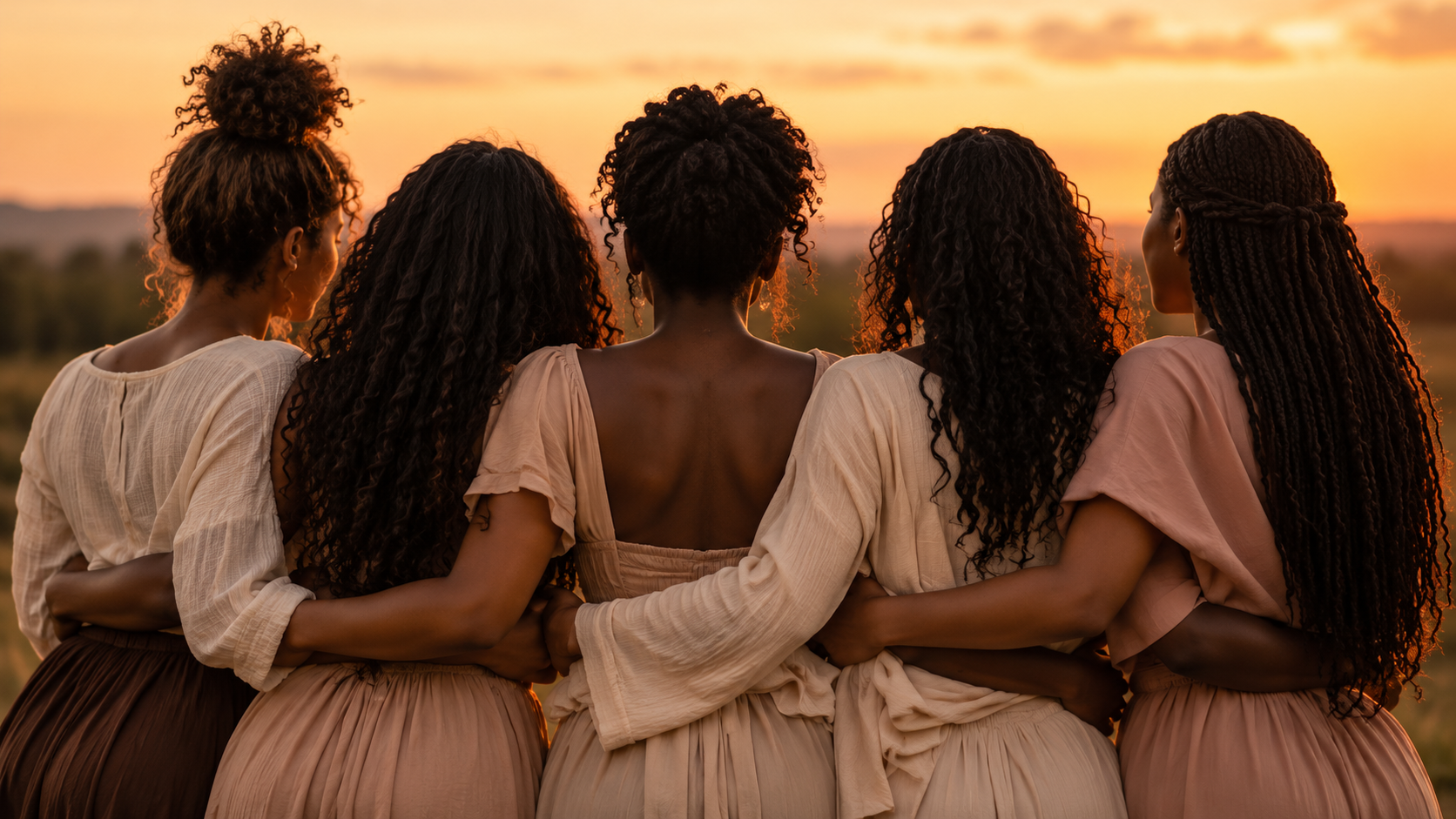 Cinq femmes de dos avec des cheveux bouclés ou tressés, embrassant ou se tenant par la taille, regardant un coucher de soleil dans un champ.