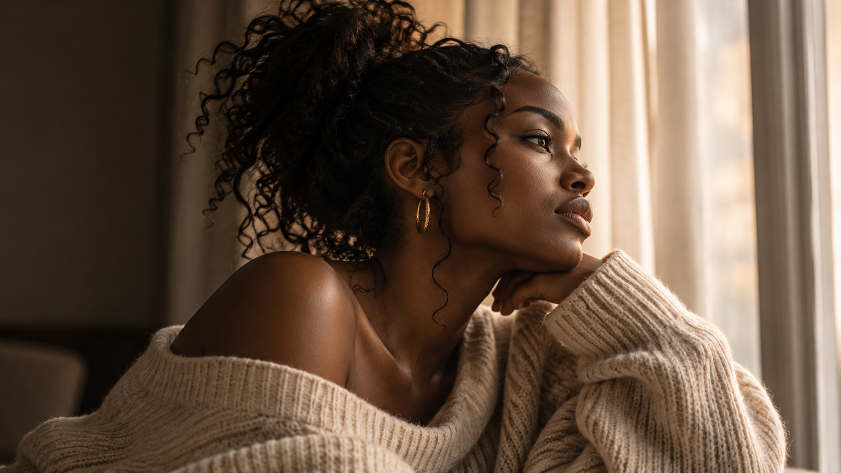 Femme regarde pensivement par la fenêtre, portant un pull beige épais, avec boucle d'oreille en or, dans un intérieur chaleureux.