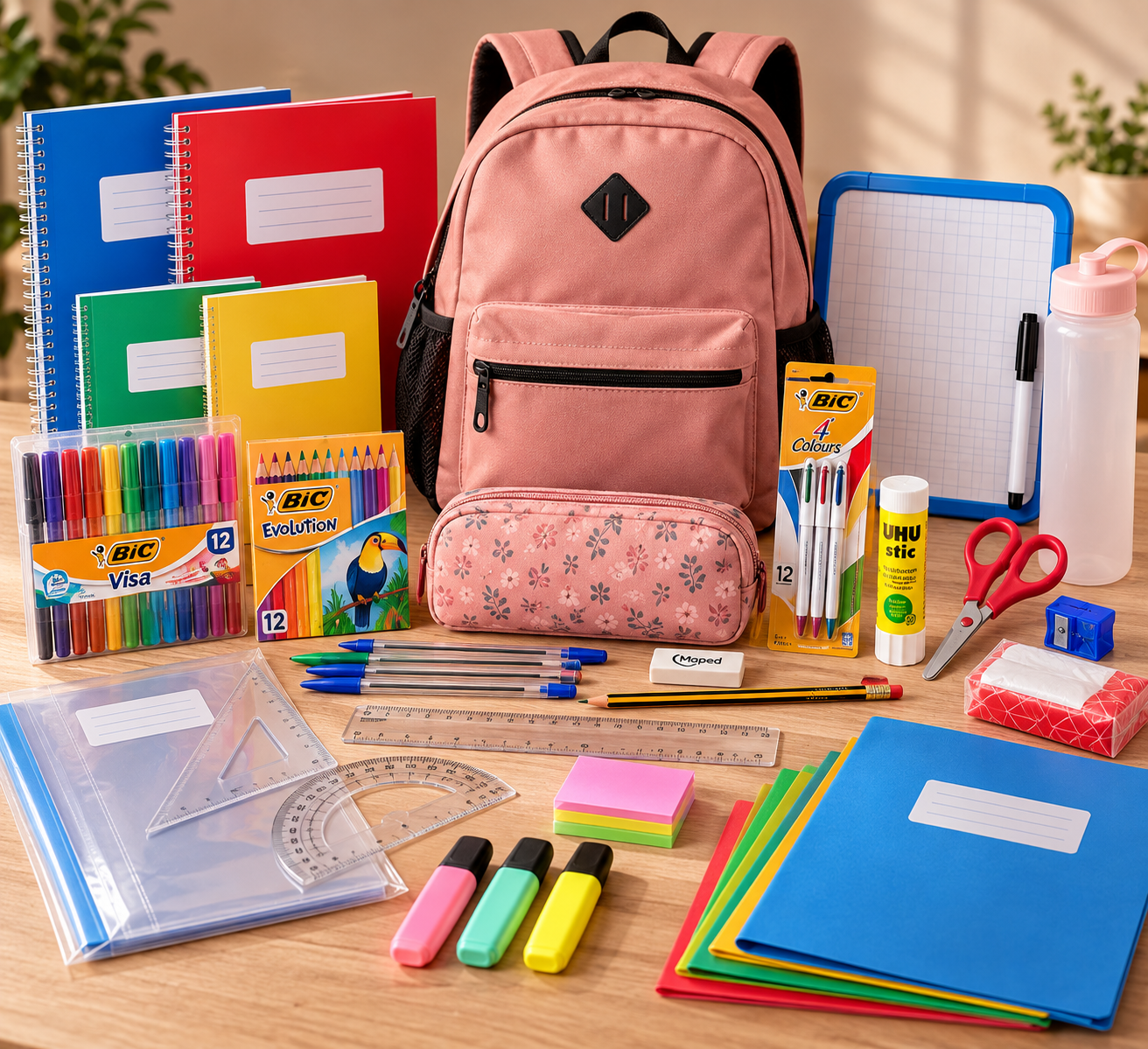 Sac à dos rose entouré de fournitures scolaires colorées, y compris des cahiers, des stylos, des crayons, une règle, une gomme, des ciseaux, une bouteille d'eau, un classeur à grille, des surligneurs, des blocks-notes, et un paquet de papier.