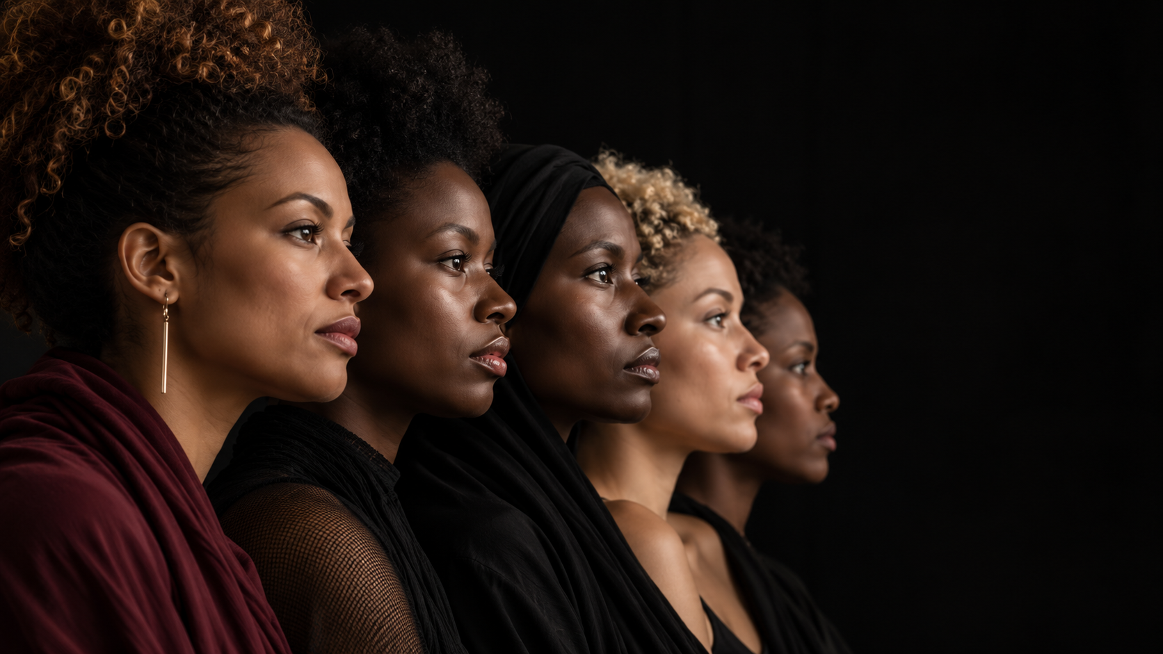 Cinq femmes noires en profil, alignées, regardant vers la droite sur un fond noir.