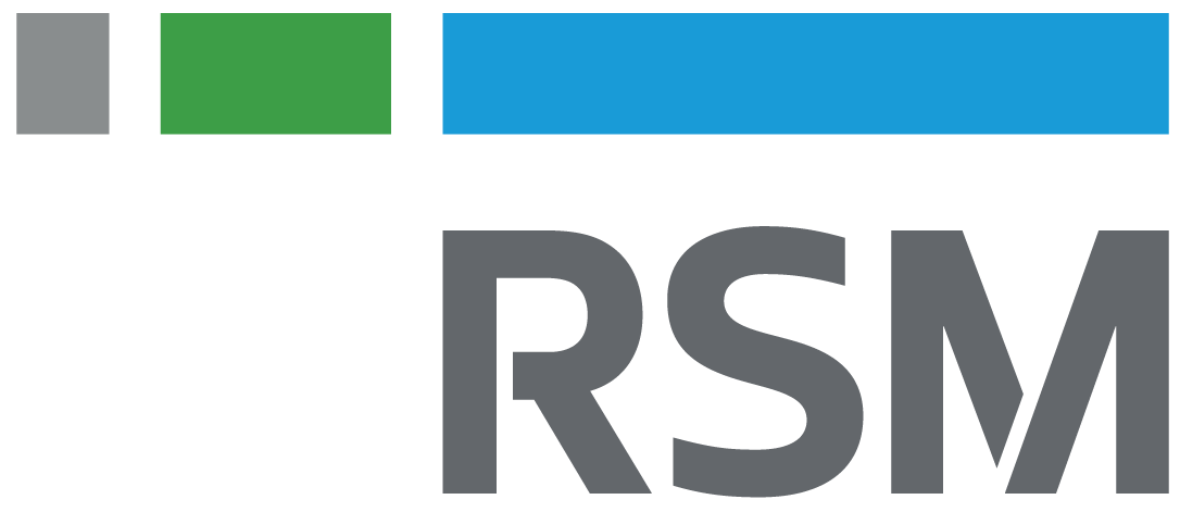 A logo with a gray rectangle, a green square, a blue rectangle, and the text 'RSM' in gray.