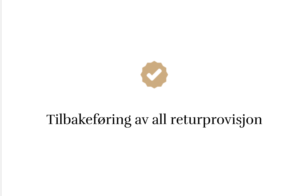 Confirmation message in Norwegian with a checkmark icon, stating 'Full refund of all commission.'