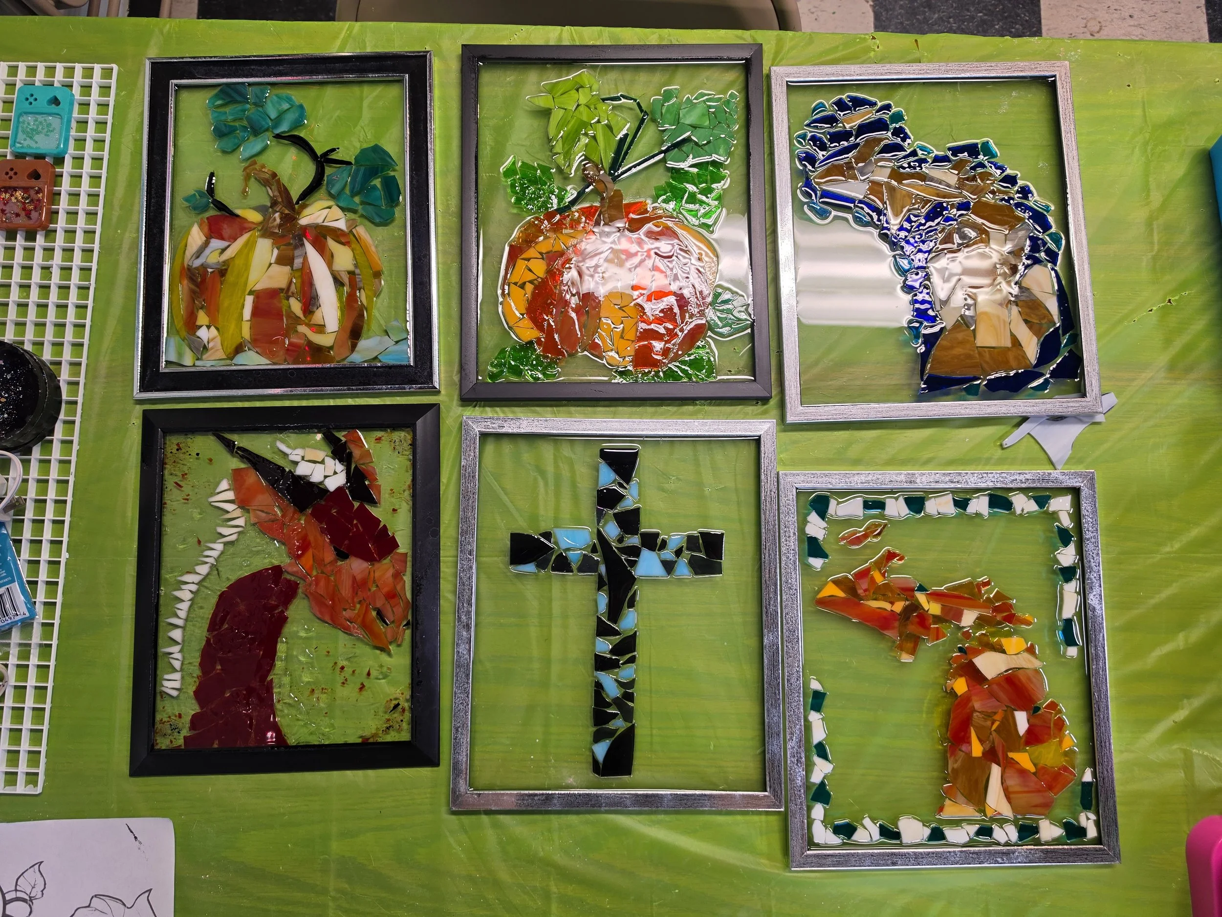 customer made glass and resin mosaics after a workshop