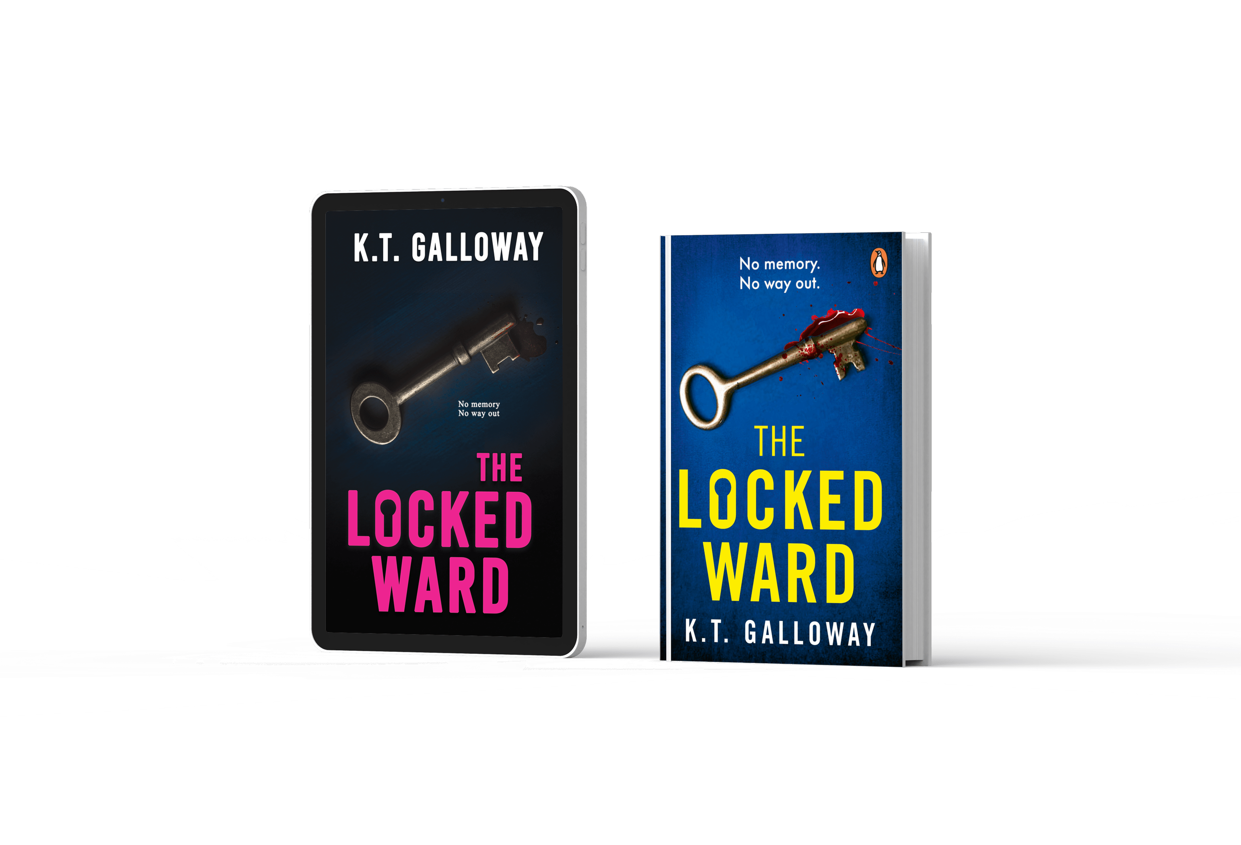 K.T. Galloway's thriller novel The Locked Ward displayed as an ebook on a tablet beside a paperback book with a bloodstained key cover.