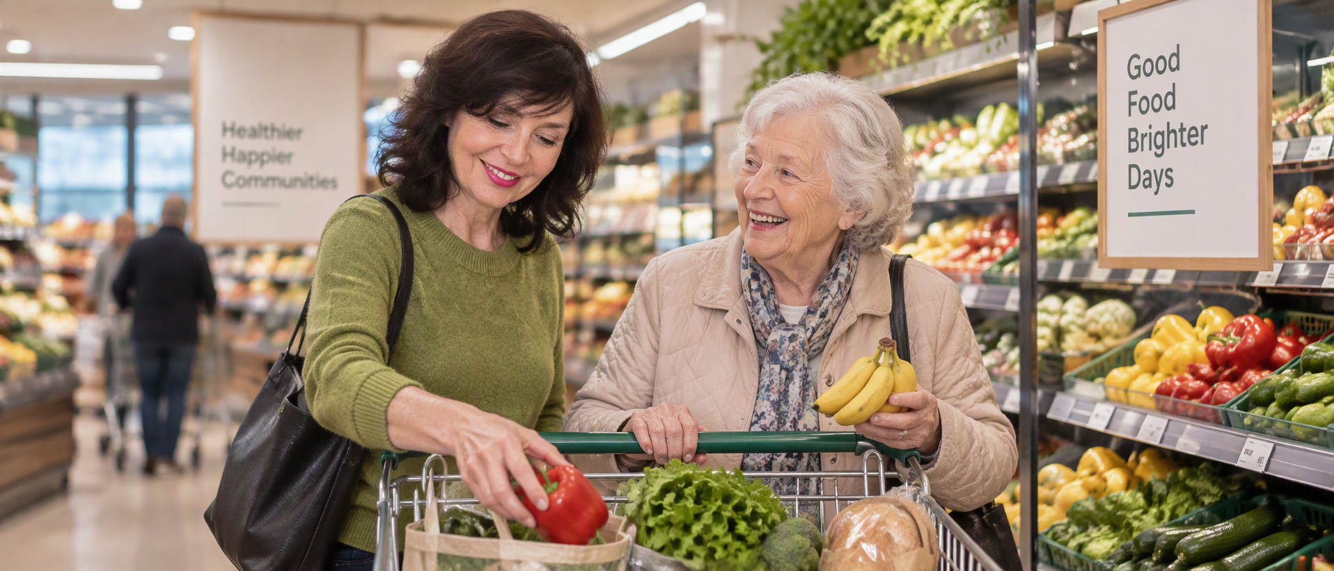 Two women shopping for fresh produce in a grocery store