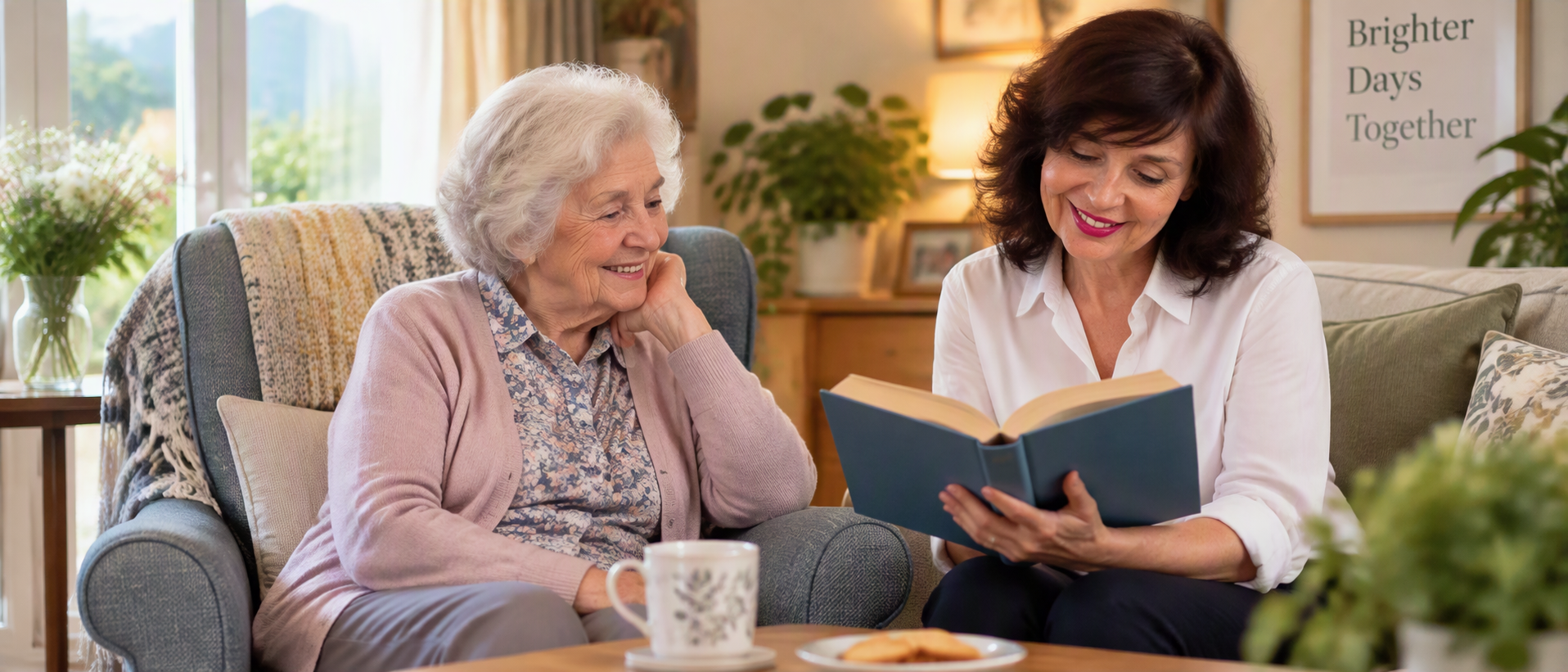 Older woman and caregiver reading together in a cozy living room