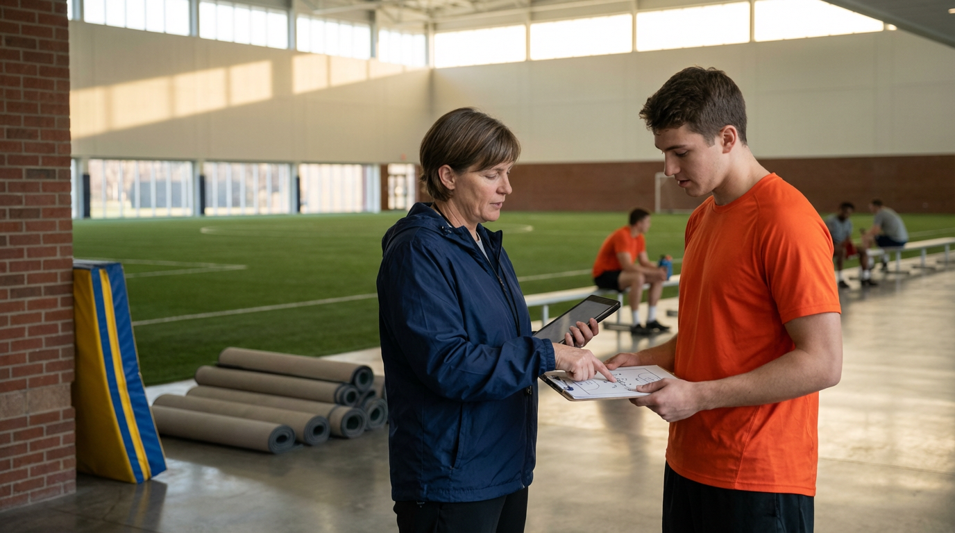 A female coach or trainer and a young male athlete looking at a clipboard with a diagram inside an indoor sports facility.