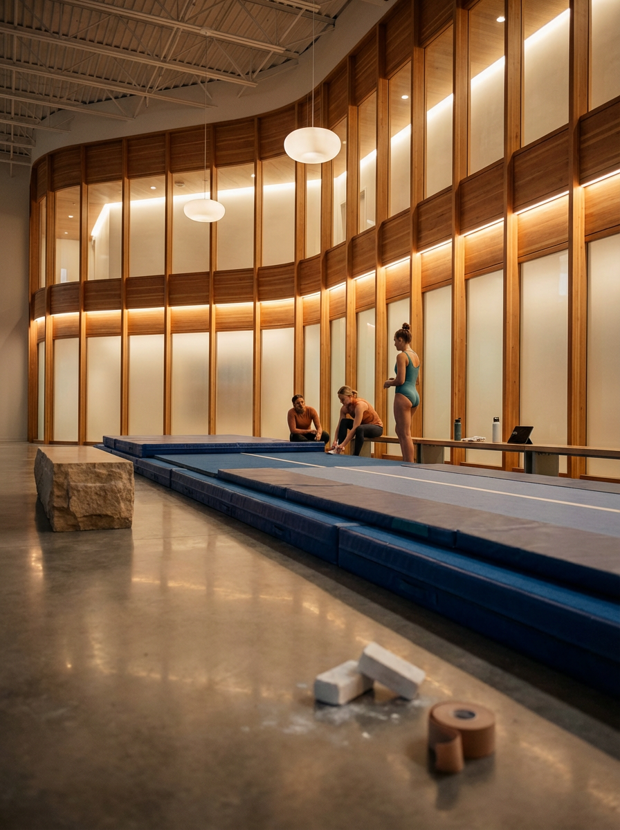 Three women in athletic attire preparing for gymnastics practice in a modern gym with blue mats and wooden walls.
