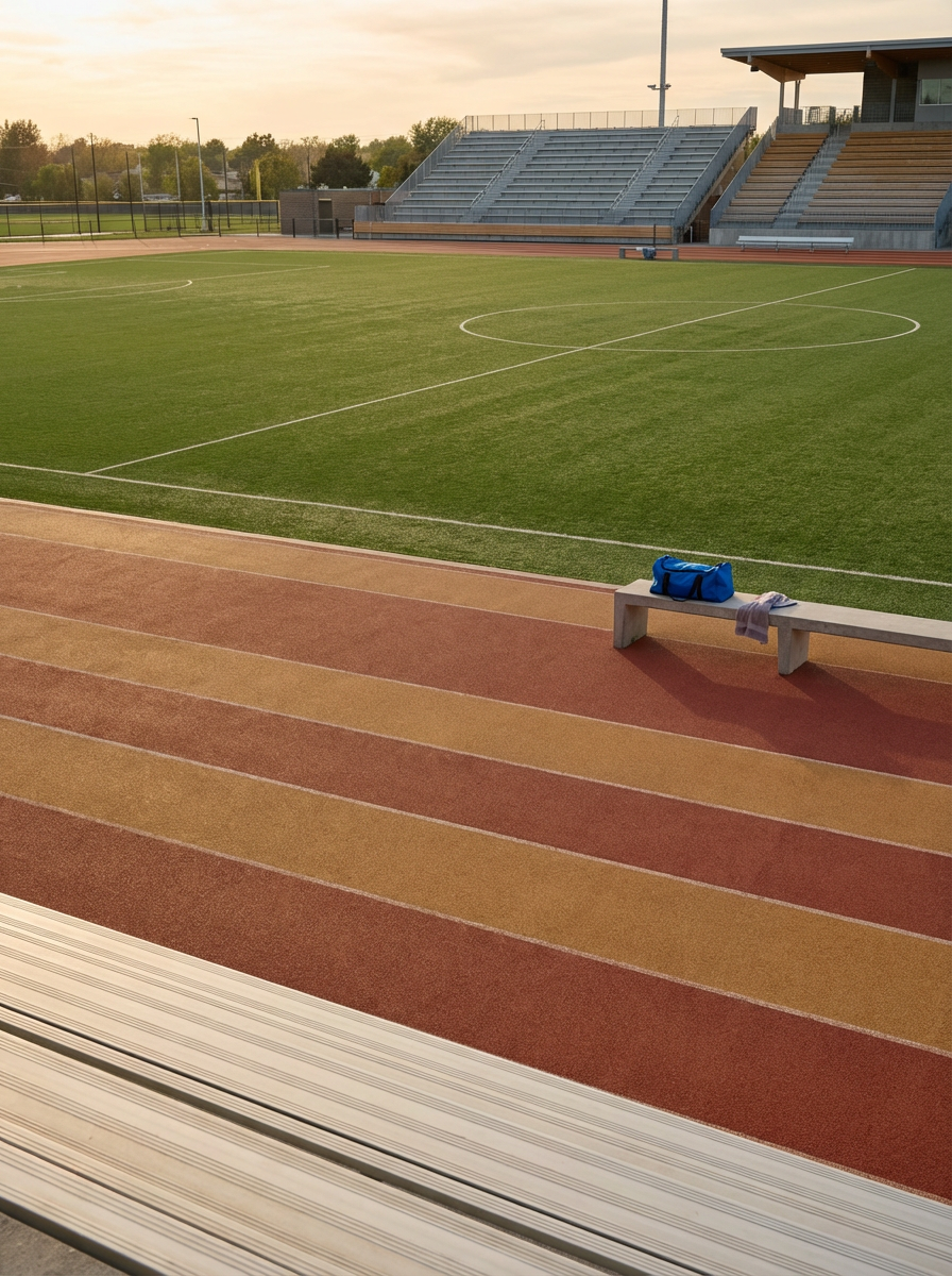 Empty sports stadium featuring a soccer field with green grass, a running track with red and yellow lanes, and metal bleachers under a sky with soft sunlight.