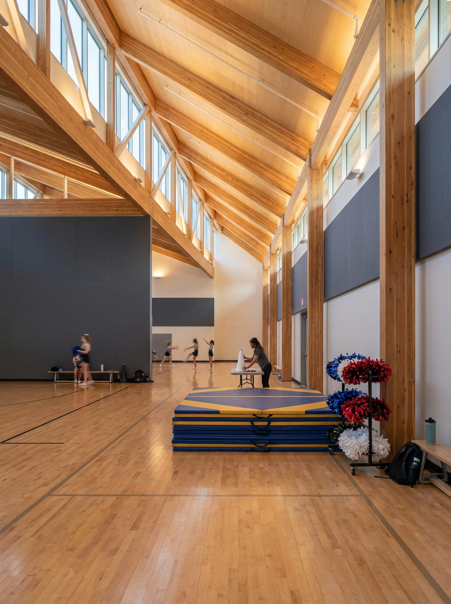 Indoor gymnasium with a high wooden ceiling and large windows, multiple young gymnasts practicing, and a coach near stacked mats and colorful pom-poms on a rack.