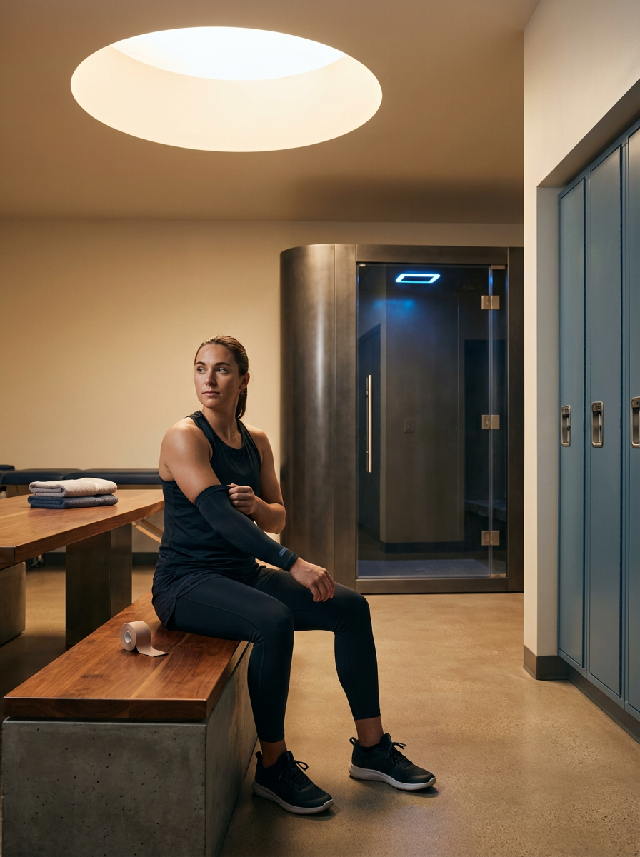 A woman in athletic wear sitting on a wooden bench in a locker room or fitness center, with a towel and roll of athletic tape beside her, and a sauna or steam room in the background.