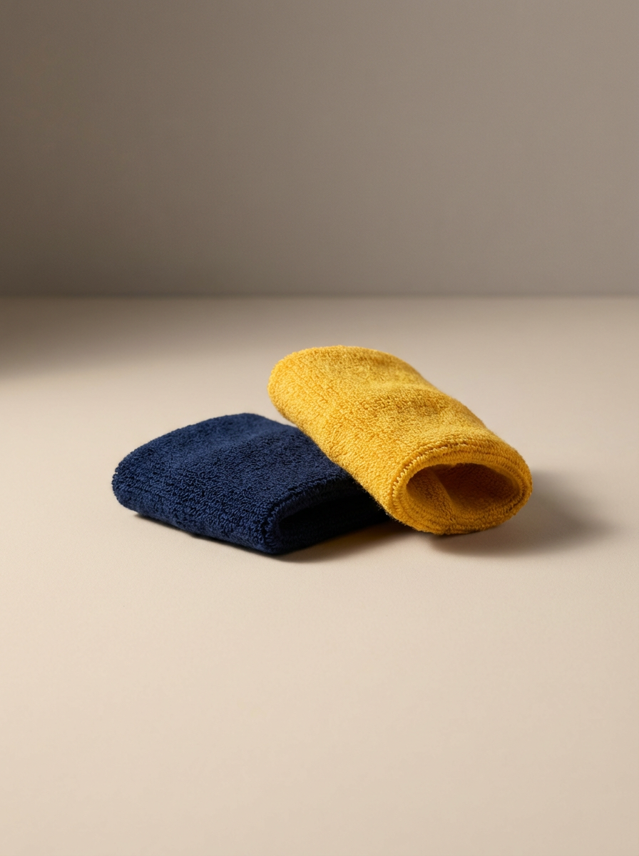 A navy blue and a yellow microfiber cloth, both rolled up, placed on a plain white surface.