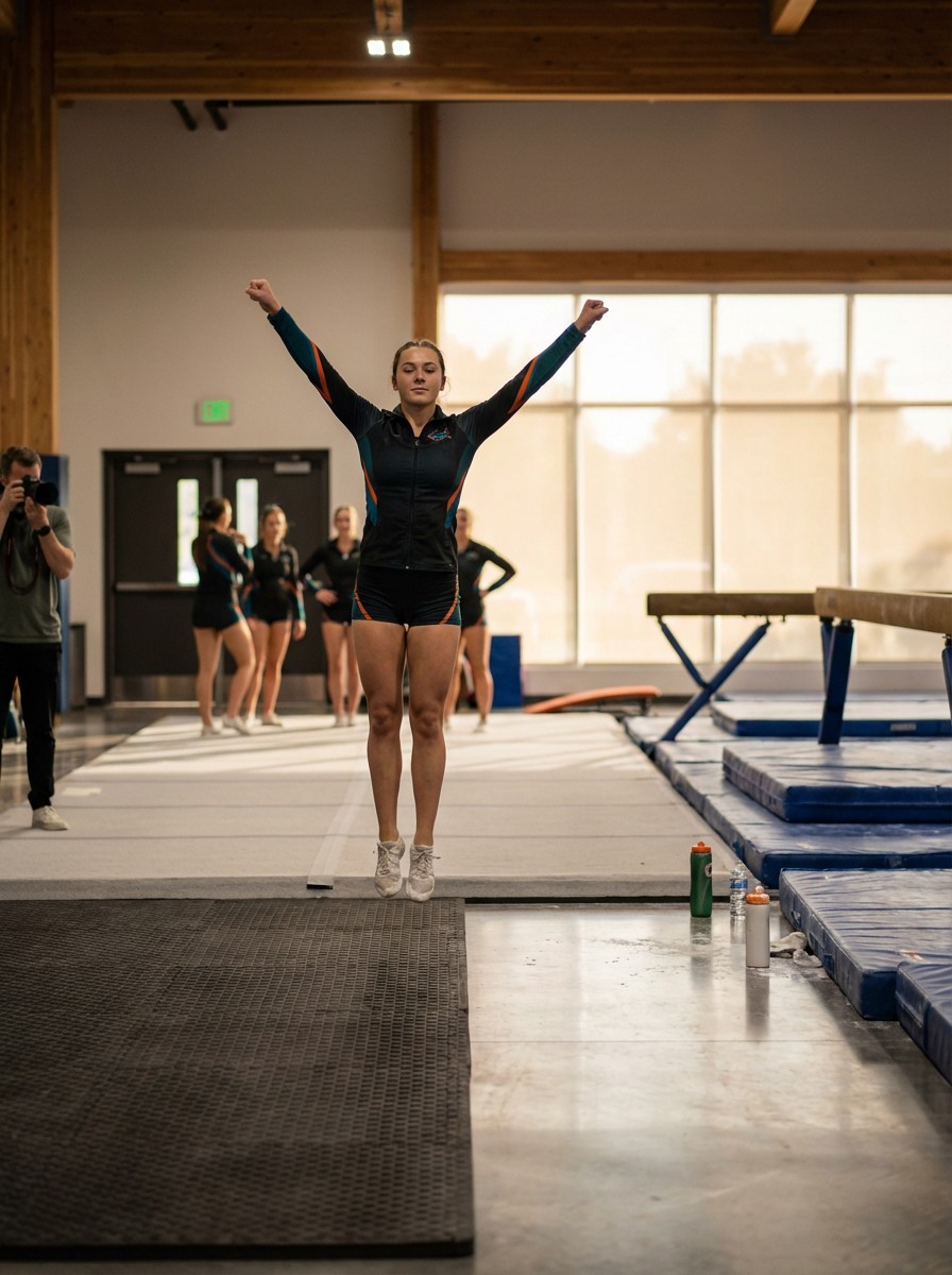 Female gymnast in mid-air jump during practice at an indoor gymnasium with training equipment and other gymnasts in the background.