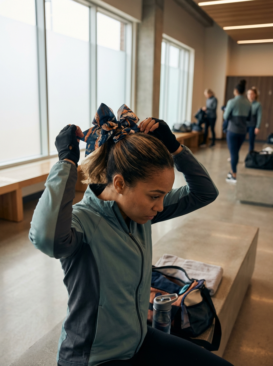 A woman in athletic gear fixing her hair with a large patterned scrunchie in a gym or workout room with other women in the background.