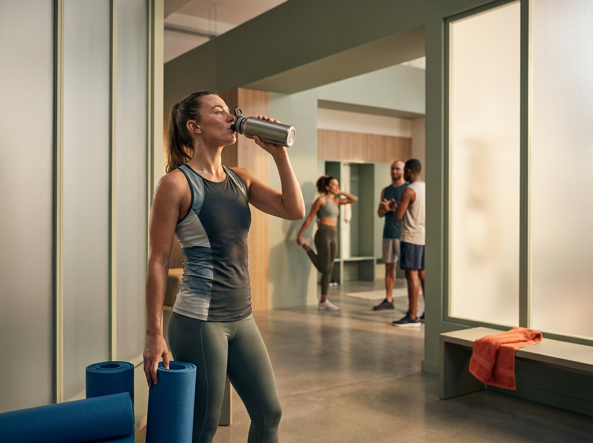 A woman drinking water from a stainless steel bottle at a gym locker room, holding yoga mats, with several other people in the background.