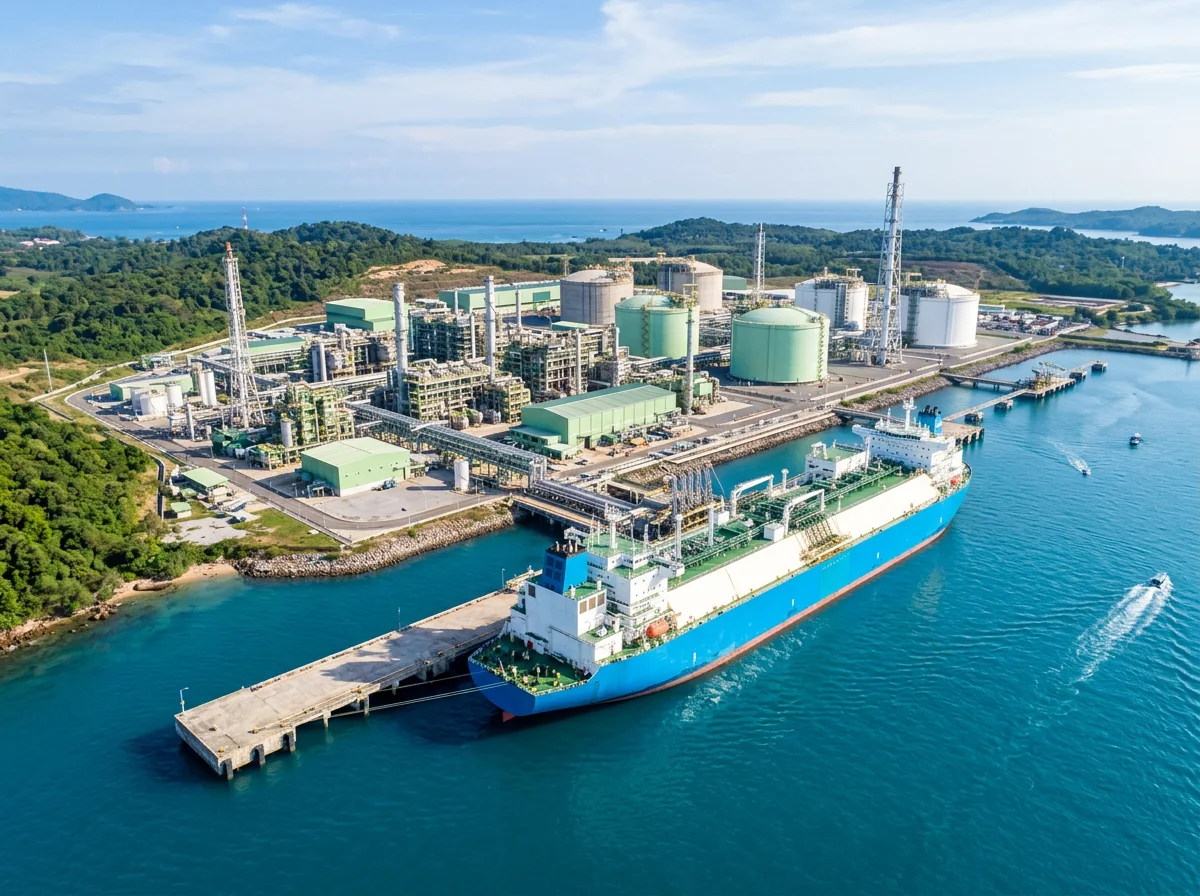 Aerial view of a coastal industrial oil terminal with storage tanks, processing facilities, and a blue cargo ship docked at the harbor.