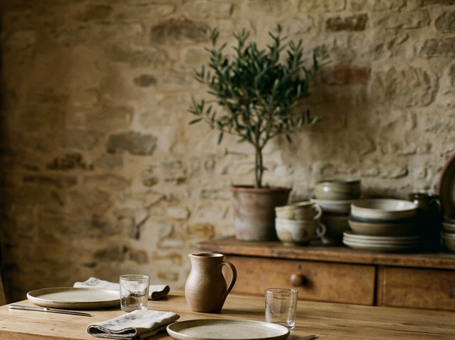 A rustic dining table set with a ceramic pitcher, glassware, plates, and bowls, with a potted plant and stone wall in the background.
