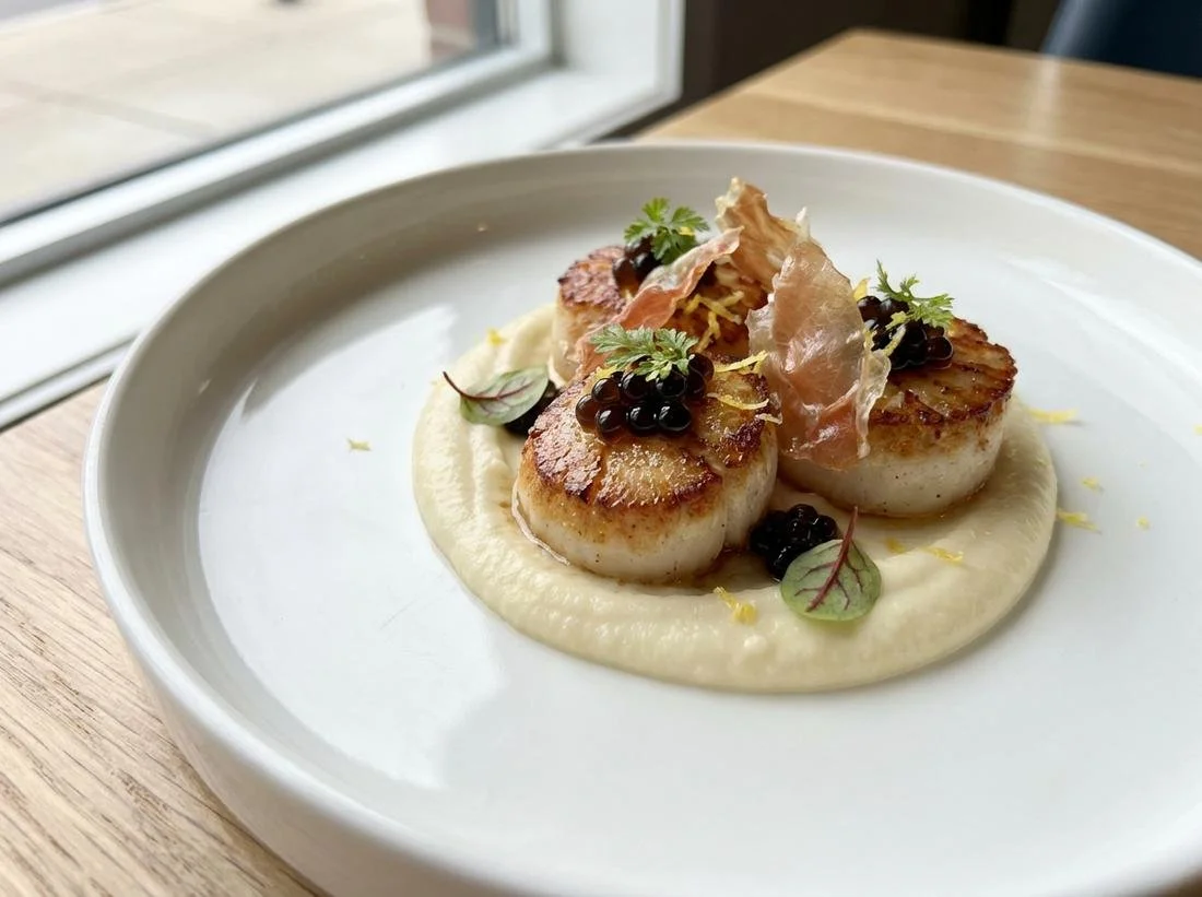 Seared scallops served on a bed of creamy puree, garnished with microgreens, black tapioca pearls, prosciutto, and lemon zest