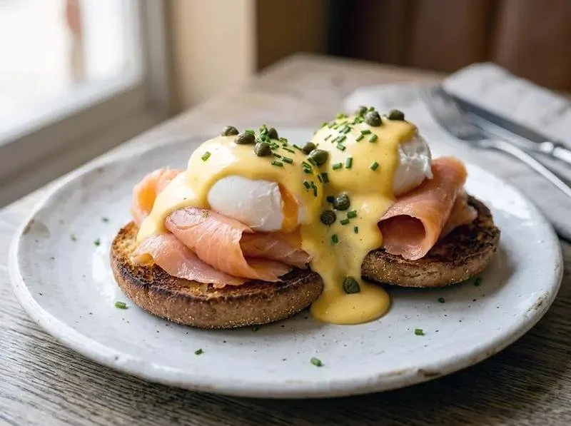Eggs Benedict with poached eggs, hollandaise sauce, chives, smoked turkey, and toasted English muffins on a white plate.