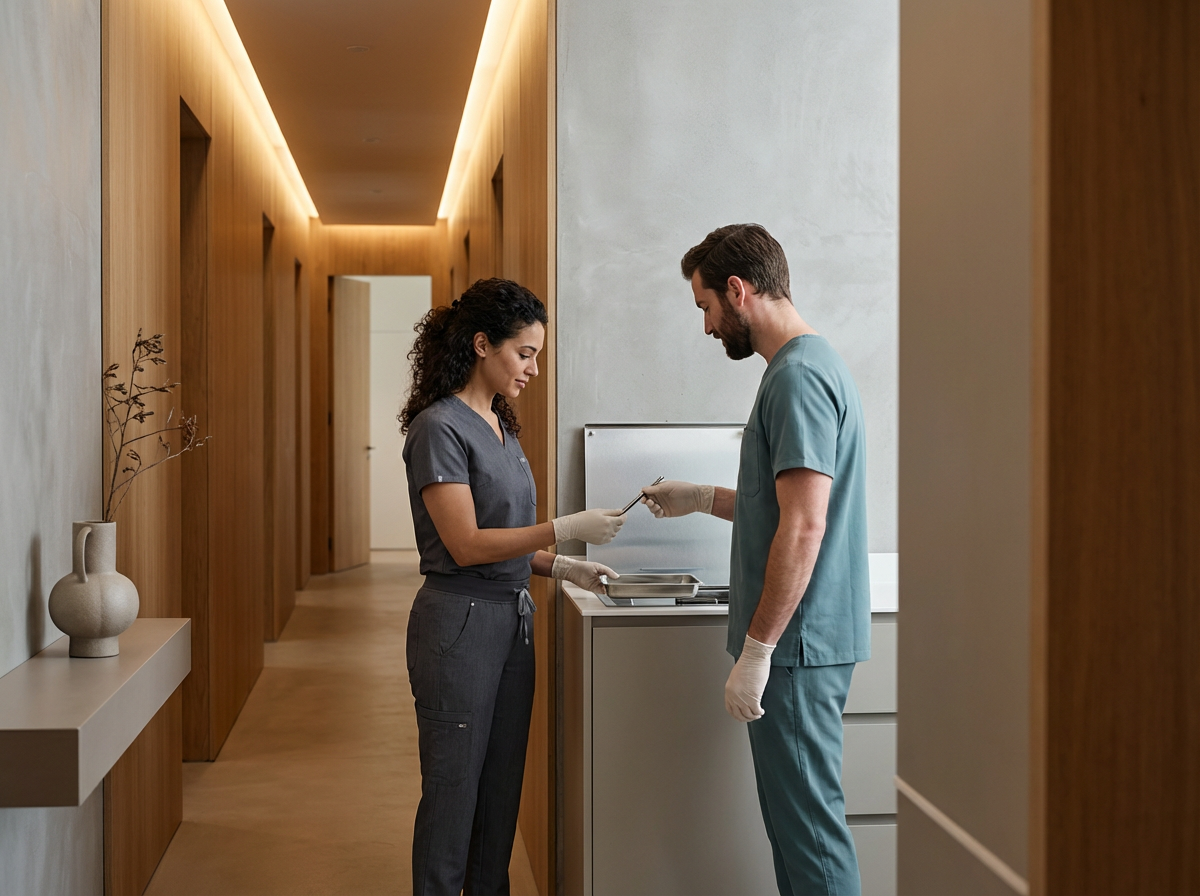 Dental team members discussing a patient’s treatment plan