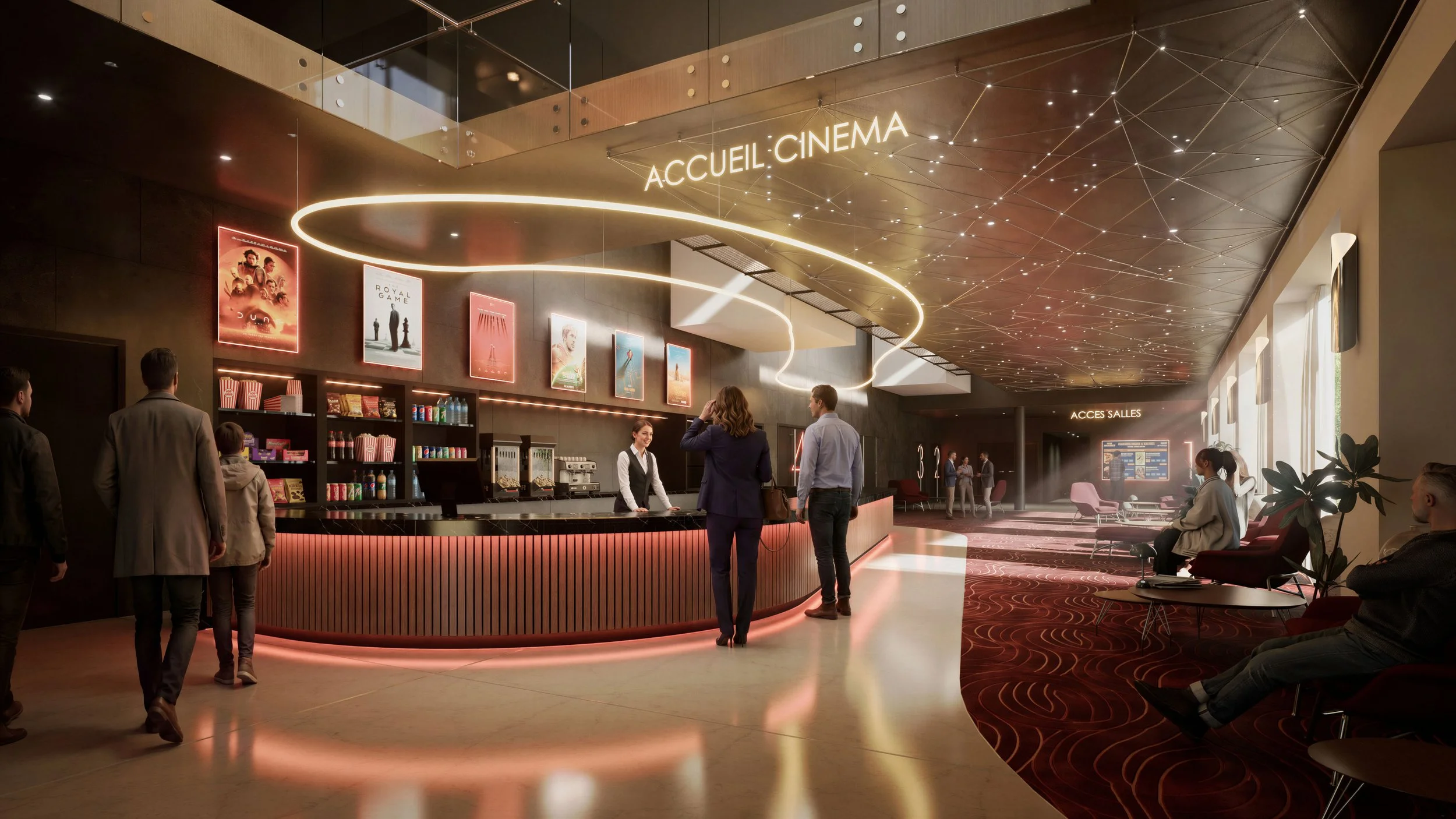 Hall d'accueil d'un cinéma avec comptoir de billetterie, affiches de films au mur, zones de sièges et personnes attendant ou discutant dans une ambiance lumineuse et moderne.