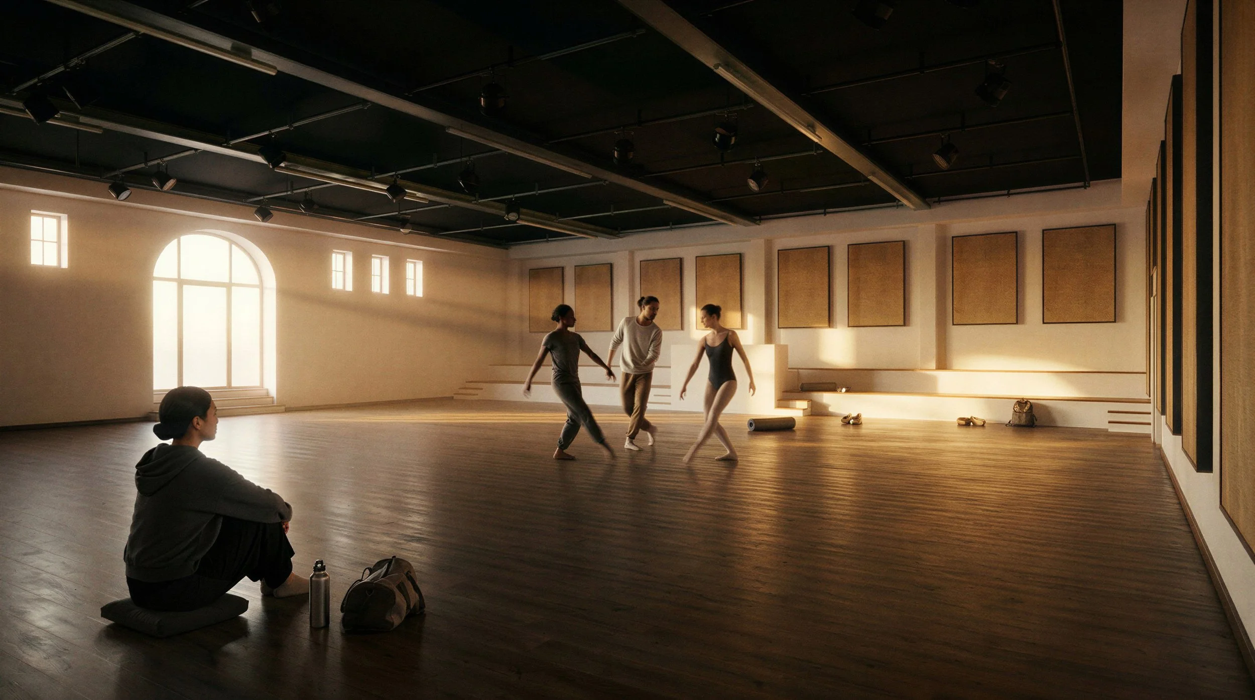 Cinq personnes dans une salle de répétition de danse contemporaine, dont une assise en observant, trois en pleine répétition ou entraînement de danse classique, et une assise proche du mur en train de regarder.