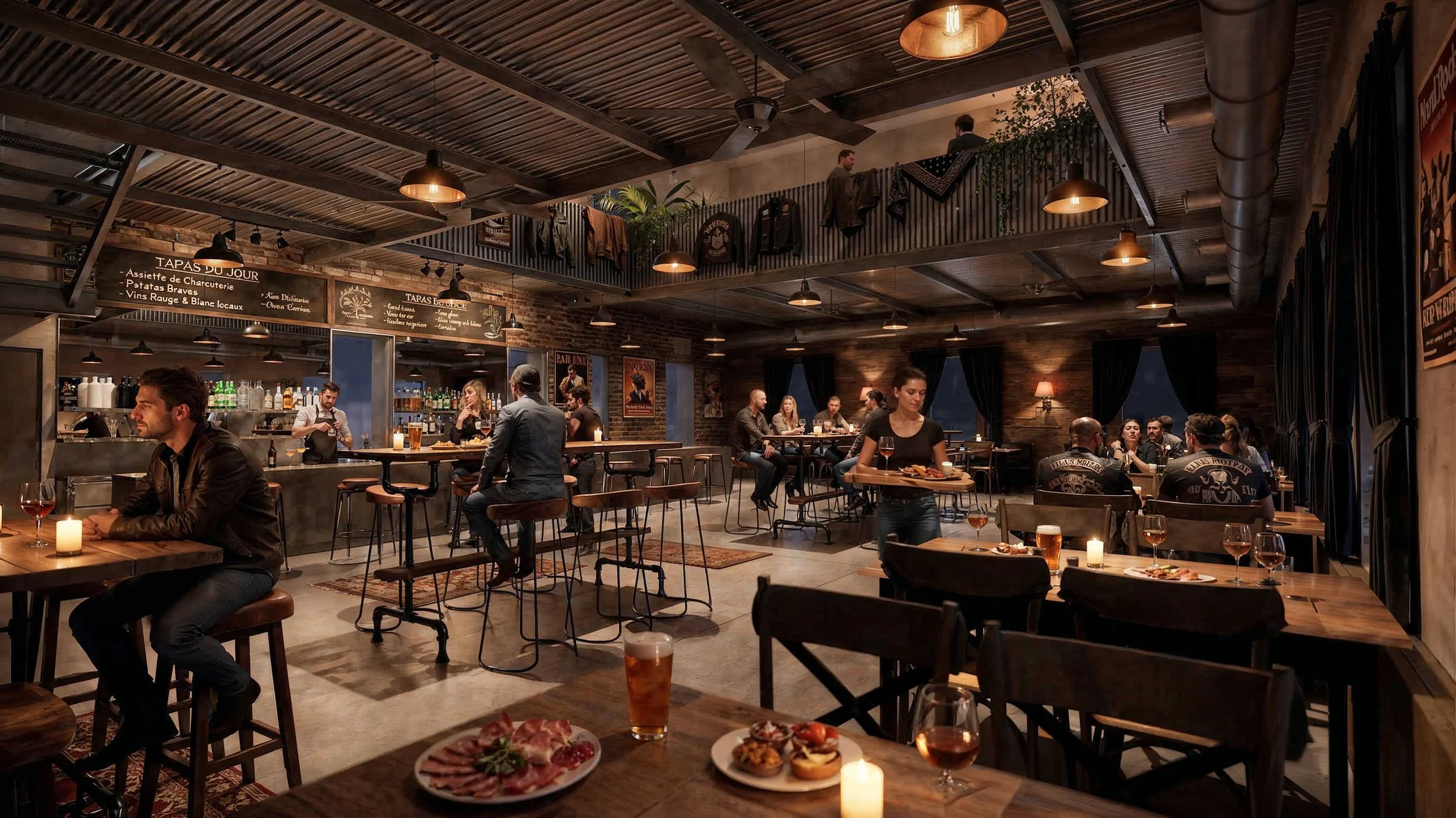 Un restaurant intérieur avec des clients assis, certains mangeant et d'autres buvant, un bar en arrière-plan, décoration chaleureuse avec lampes suspendues et bougies sur les tables.