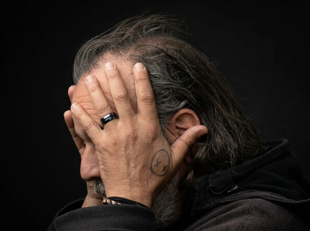 Homme de profil se cachant le visage avec ses mains, cheveux gris, tatouage sur la main gauche et anneaux à l'annulaire, fond noir.