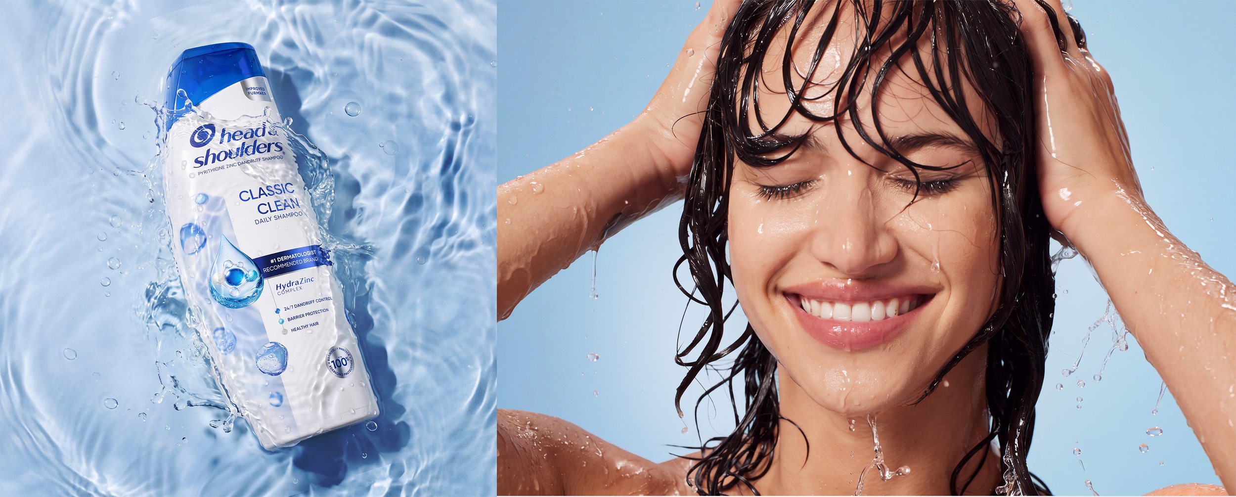 Head & Shoulders Classic Clean dandruff shampoo bottle splashing in water beside a smiling woman washing her wet hair