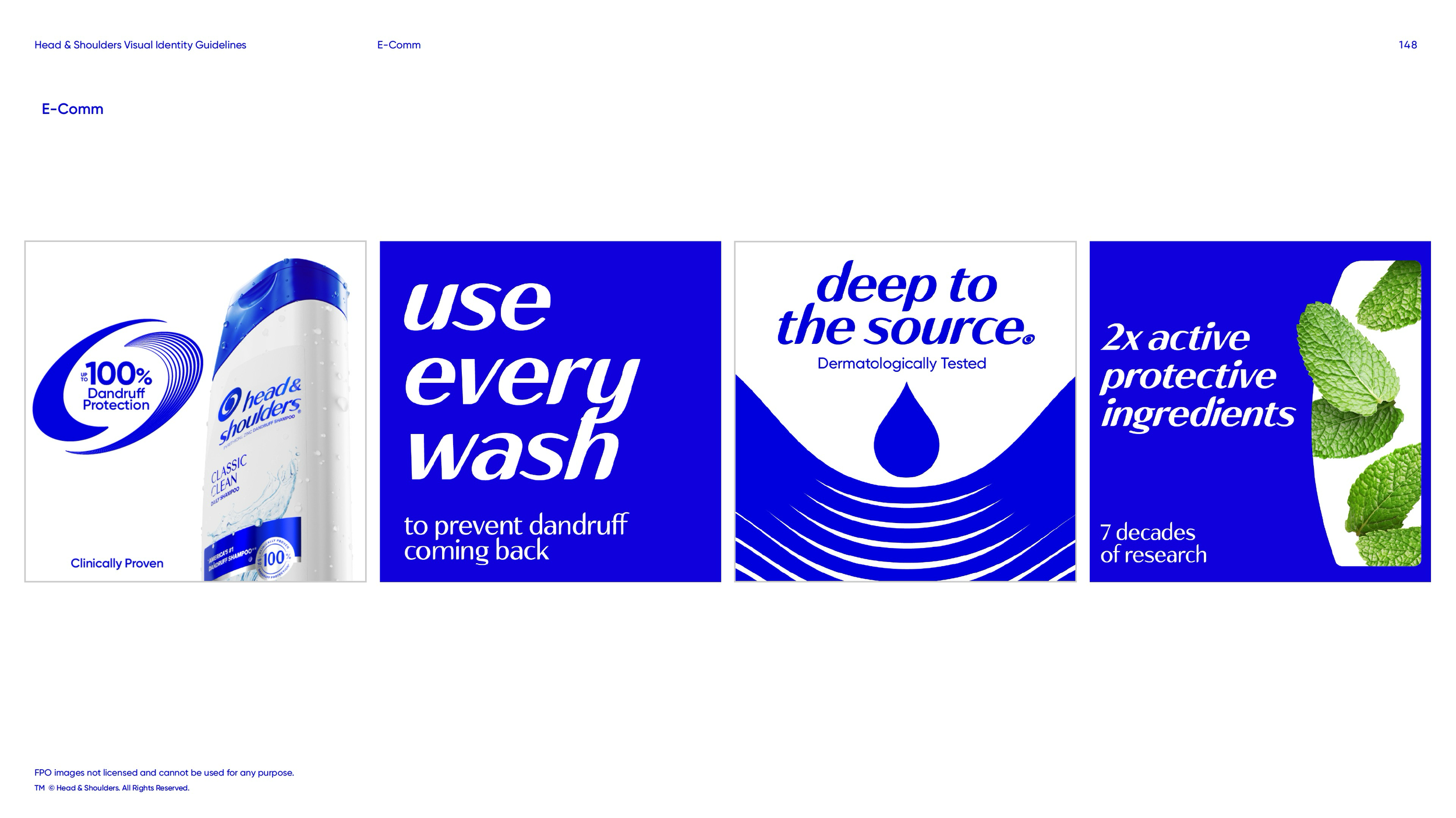 Head & Shoulders e-commerce visual identity guidelines featuring Classic Clean shampoo, dandruff protection claims, source-inspired branding, and mint leaves.