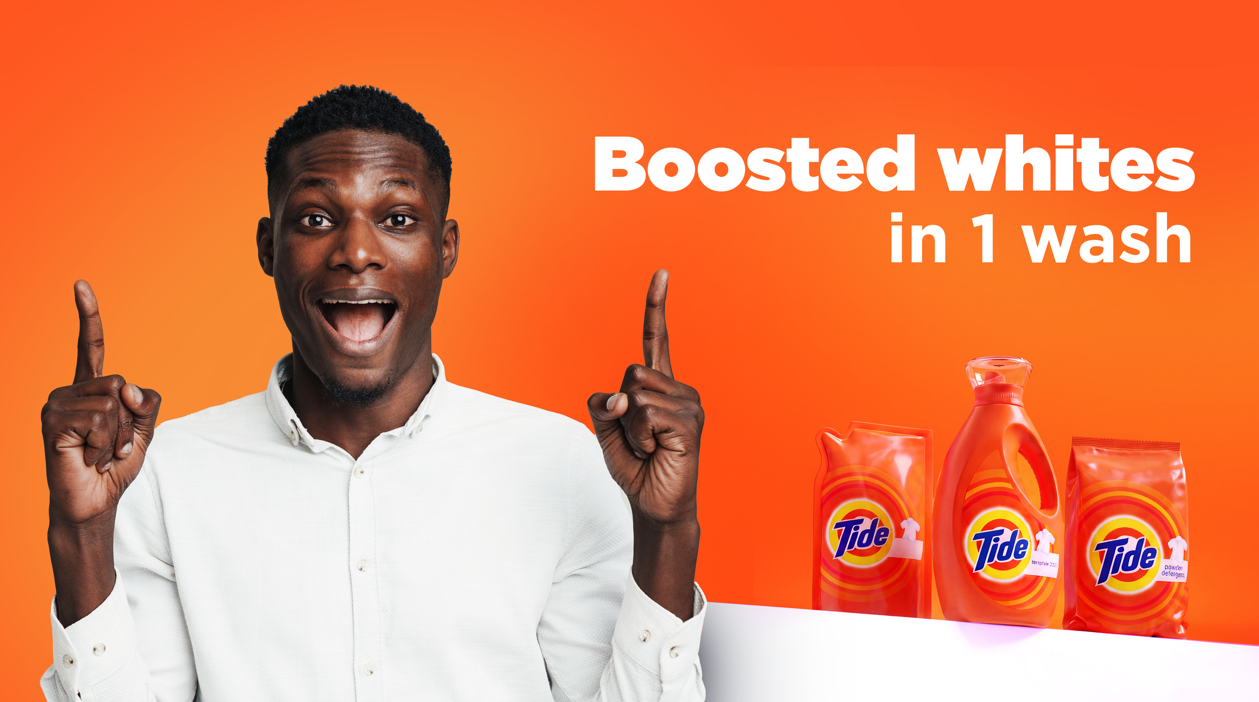 Smiling man in a white shirt beside Tide laundry detergent products with text reading “Boosted whites in 1 wash.”