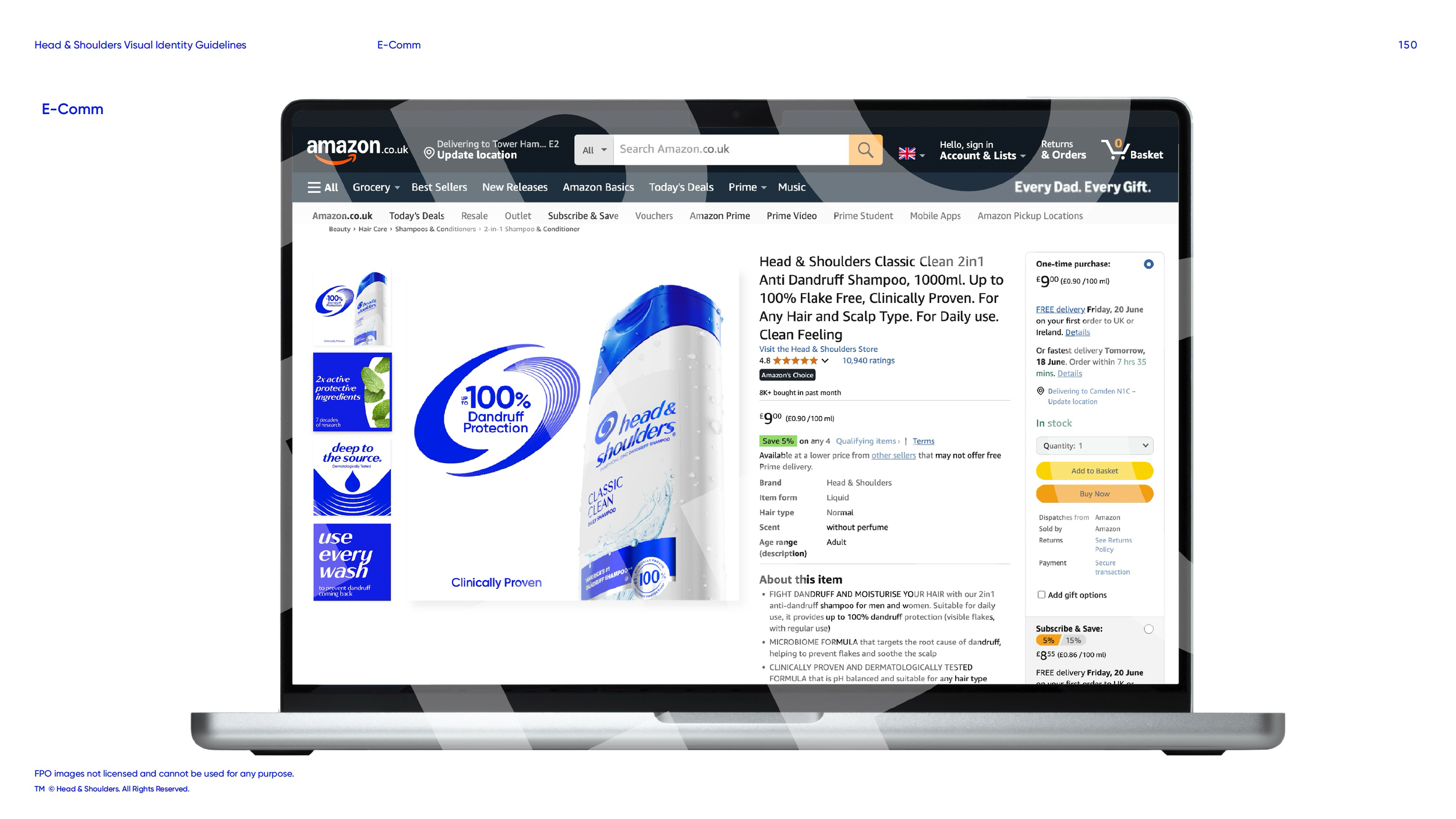 Laptop displaying an Amazon product page for Head & Shoulders Classic Clean 2-in-1 anti-dandruff shampoo.